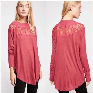 Free People Waffle Knit Thermal Top With Lace Trim